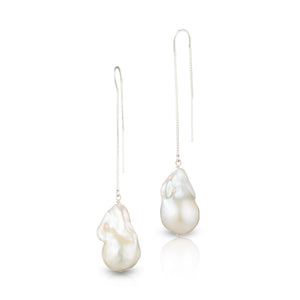 Large White Baroque Freshwater Pearl Drop And Dangle Threader Earrings In Sterling Silver