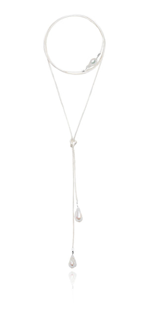 Baroque Freshwater Pearl & Satin Wrap Necklace - Silver