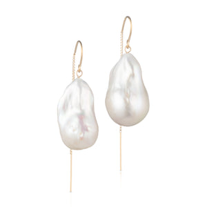 Large Baroque Freshwater Pearl Drop Threader Earrings In Solid 14K Yellow Gold