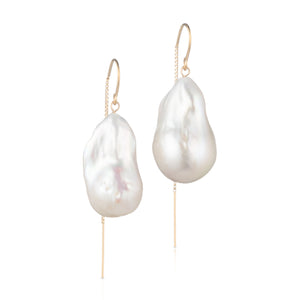 Large Baroque Freshwater Pearl Drop Threader Earrings In 14K Yellow Gold-Filled