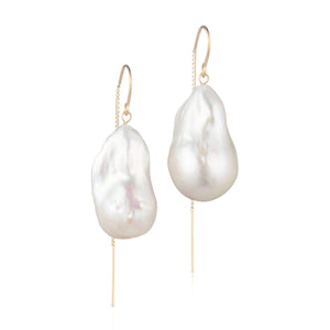 Large White Baroque Freshwater Pearl Drop Threader Earrings In 14K Yellow Gold