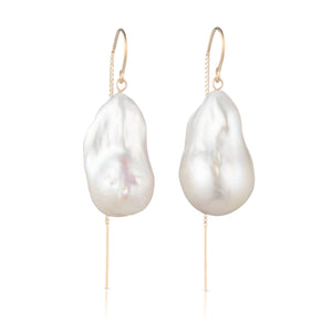 Large White Baroque Freshwater Pearl Drop Threader Earrings In 14K Yellow Gold