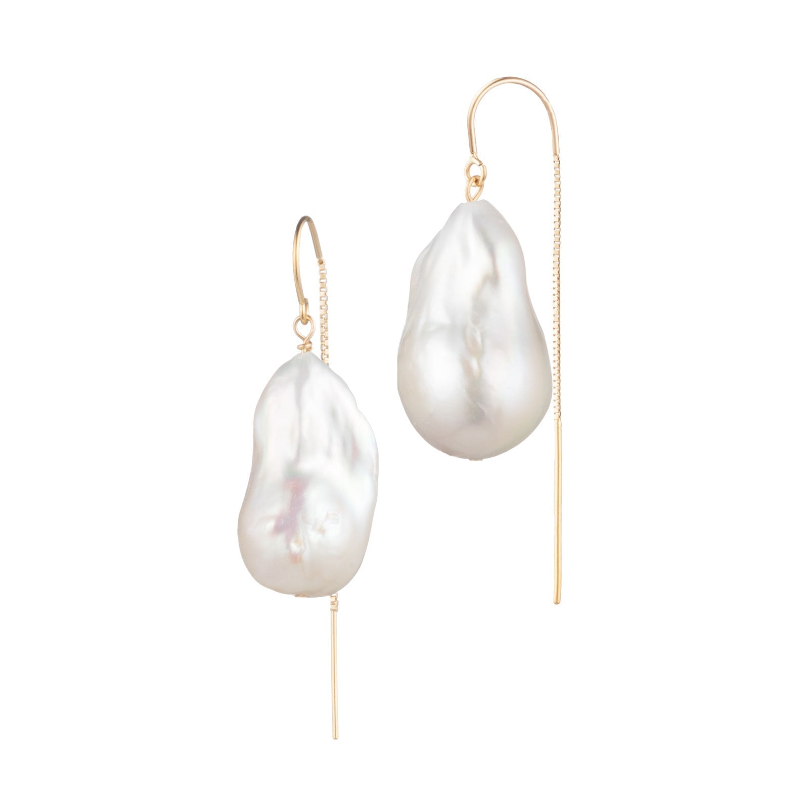 Large White Baroque Freshwater Pearl Drop Threader Earrings In 14K Yellow Gold