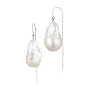 Large White Baroque Freshwater Pearl Drop Threader Earrings In 14K White Gold