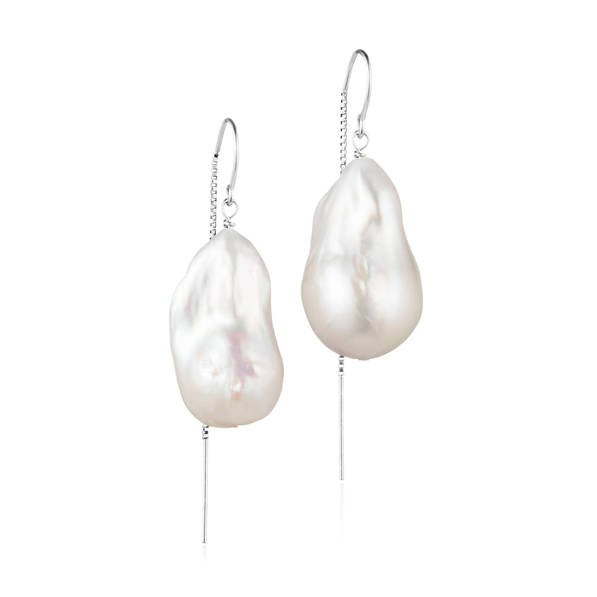 Large White Baroque Freshwater Pearl Drop Threader Earrings In 14K White Gold