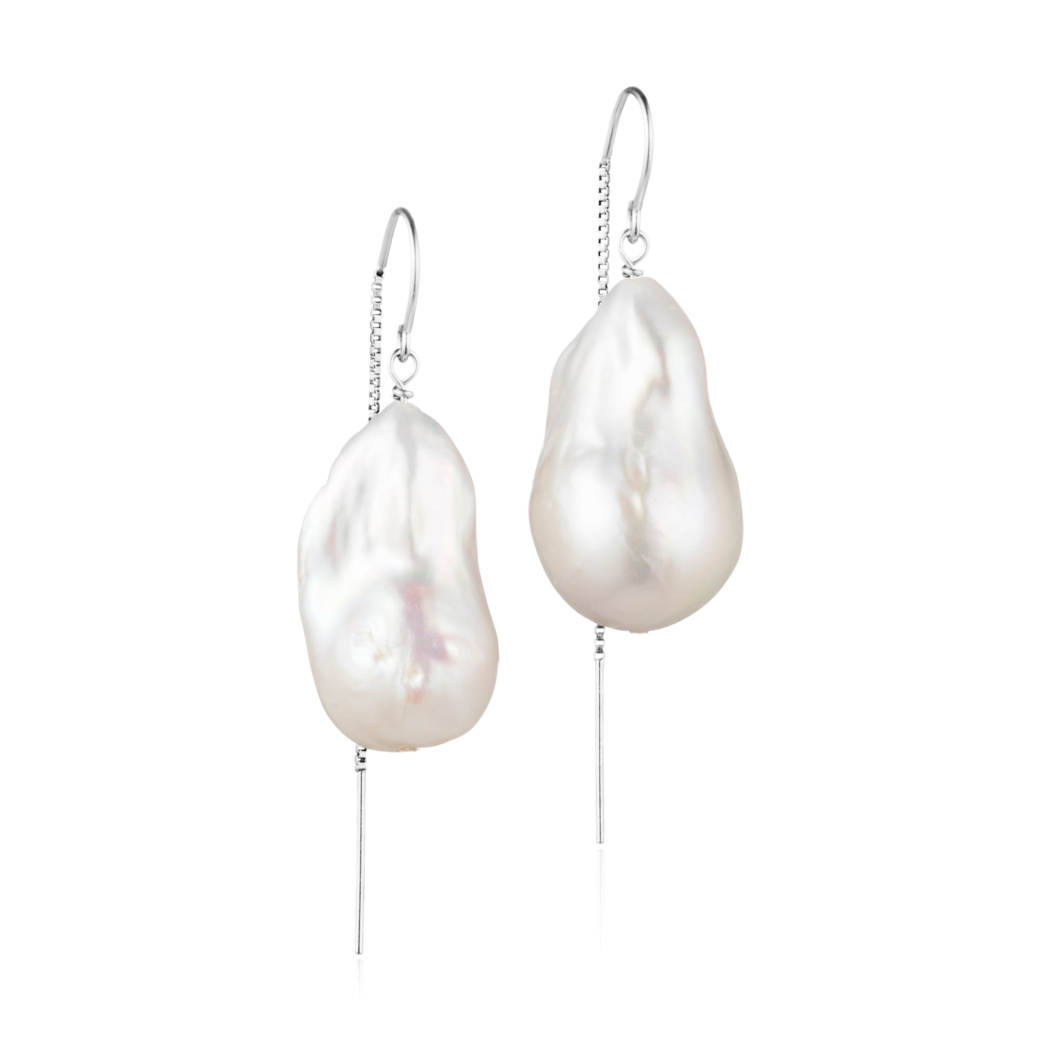 Large White Baroque Freshwater Pearl Drop Threader Earrings In Sterling Silver