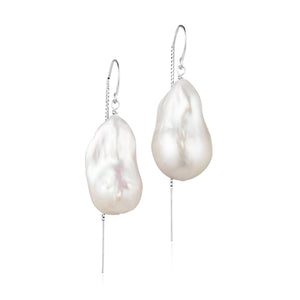 Large White Baroque Freshwater Pearl Drop Threader Earrings In Sterling Silver