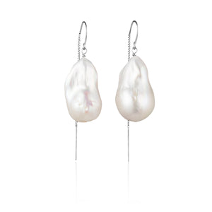 Large White Baroque Freshwater Pearl Drop Threader Earrings In Sterling Silver