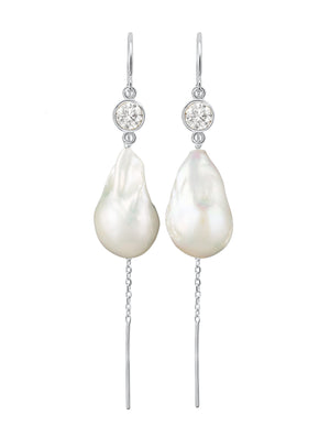 Jean Joaillerie Signature Diamond And Large Baroque Freshwater Pearl Drop Cable Chain Bridal Earrings In 14K Yellow Gold