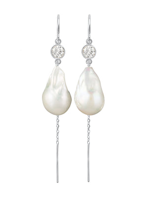 Jean Joaillerie Signature Diamond And Large Baroque Freshwater Pearl Drop Cable Chain Bridal Earrings In Sterling Silver