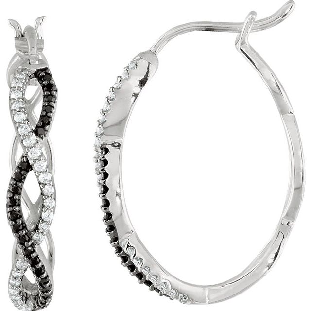 Sterling Silver Black Spinel And Diamond Hoop Earrings