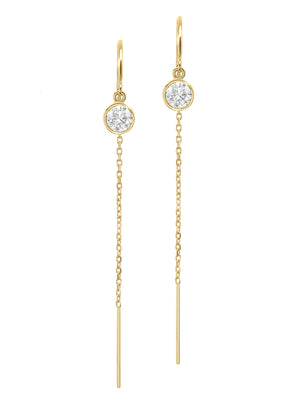 14K Yellow Gold Natural Diamond Bezel Cable Chain Threader Drop Earrings
