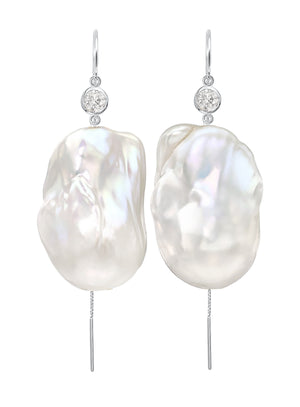 Jean Joaillerie Signature Diamond And XXL Large Baroque Freshwater Pearl Drop Bridal Earrings In 14K Yellow Gold