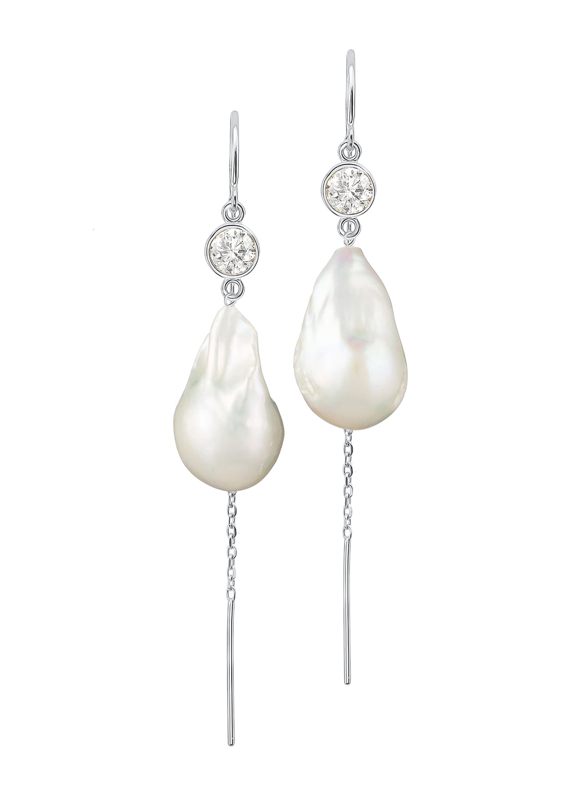 Jean Joaillerie Signature Diamond And Large Baroque Freshwater Pearl Drop Cable Chain Bridal Earrings In Sterling Silver