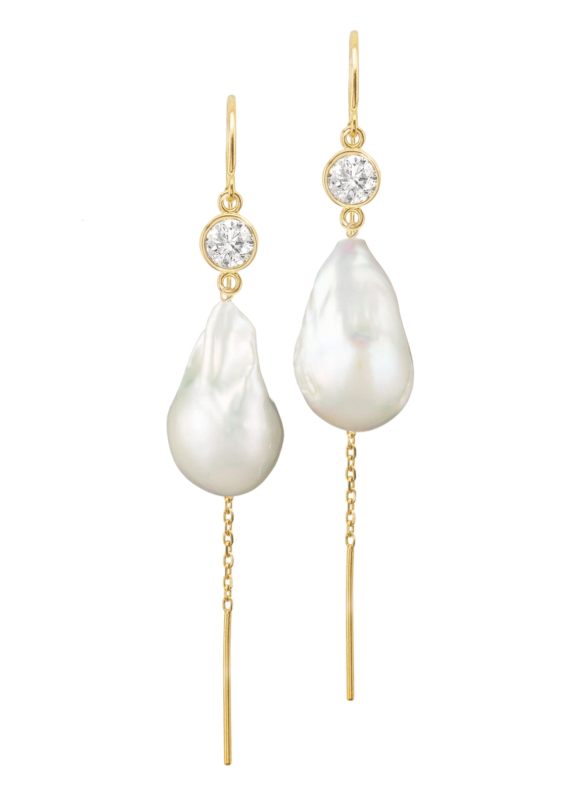 Jean Joaillerie Signature Diamond And Large Baroque Freshwater Pearl Drop Cable Chain Bridal Earrings In 14K Yellow Gold