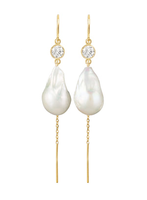 Jean Joaillerie Signature Diamond And Large Baroque Freshwater Pearl Drop Cable Chain Bridal Earrings In 14K Yellow Gold