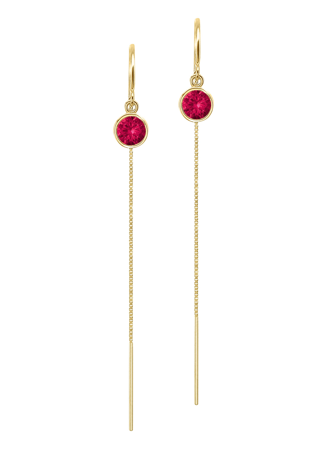 14K Yellow Gold Floating Ruby Box Chain Threader Earrings