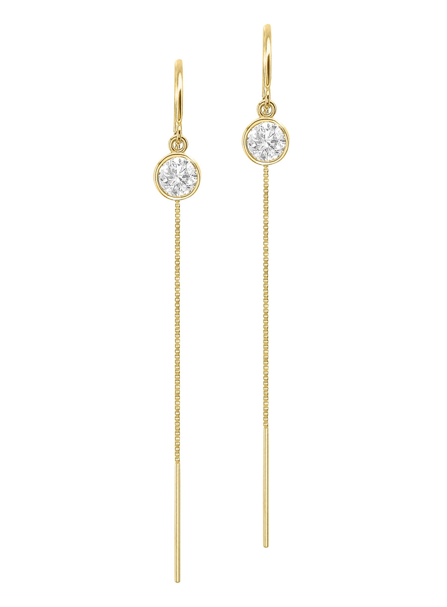 14K White Gold Natural Diamond Bezel Box Chain Threader Drop Earrings