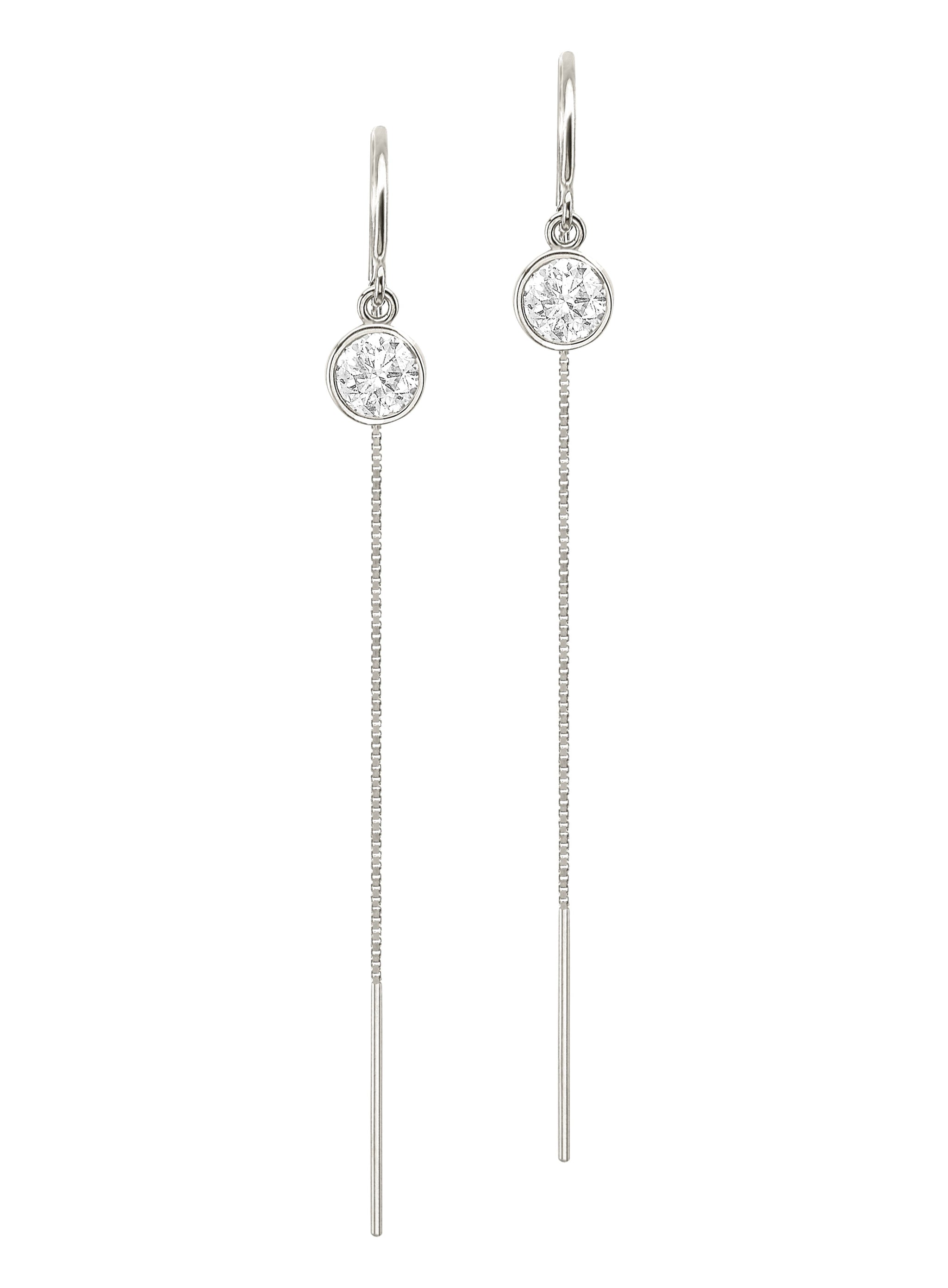 Sterling Silver Lab-Grown Diamond Bezel Box Chain Threader Drop Earrings
