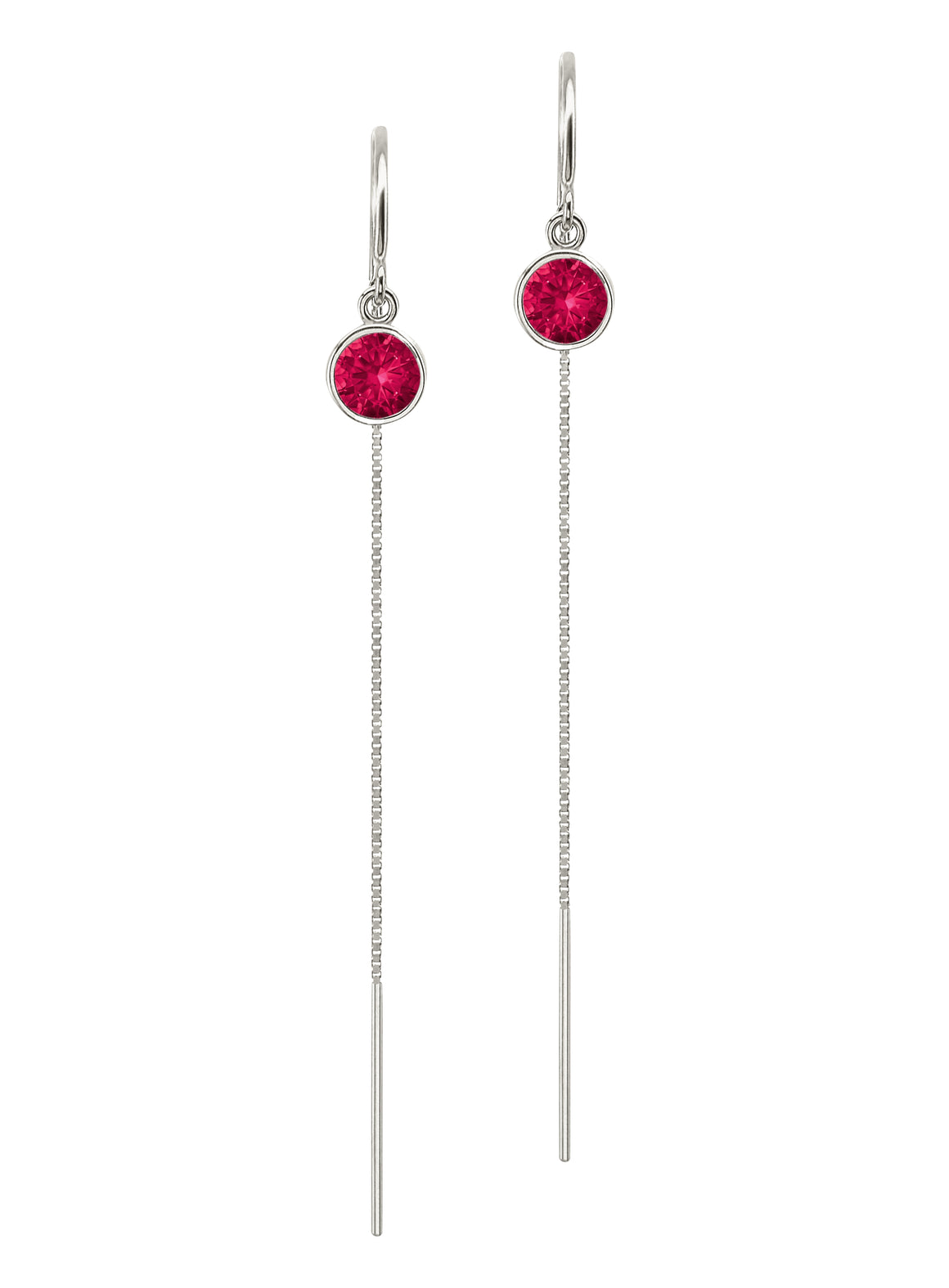 14K White Gold Floating Ruby Box Chain Threader Earrings