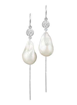 Jean Joaillerie Signature Diamond And Large Baroque Freshwater Pearl Drop Box Chain Bridal Earrings In 14K Yellow Gold