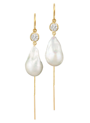 Jean Joaillerie Signature Diamond And Large Baroque Freshwater Pearl Drop Box Chain Bridal Earrings In 14K Yellow Gold