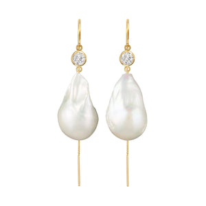 Jean Joaillerie Signature Diamond And Large Baroque Freshwater Pearl Drop Box Chain Bridal Earrings In 14K Yellow Gold