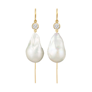 Jean Joaillerie Signature Diamond And XXL Large Baroque Freshwater Pearl Drop Bridal Earrings In 14K Yellow Gold