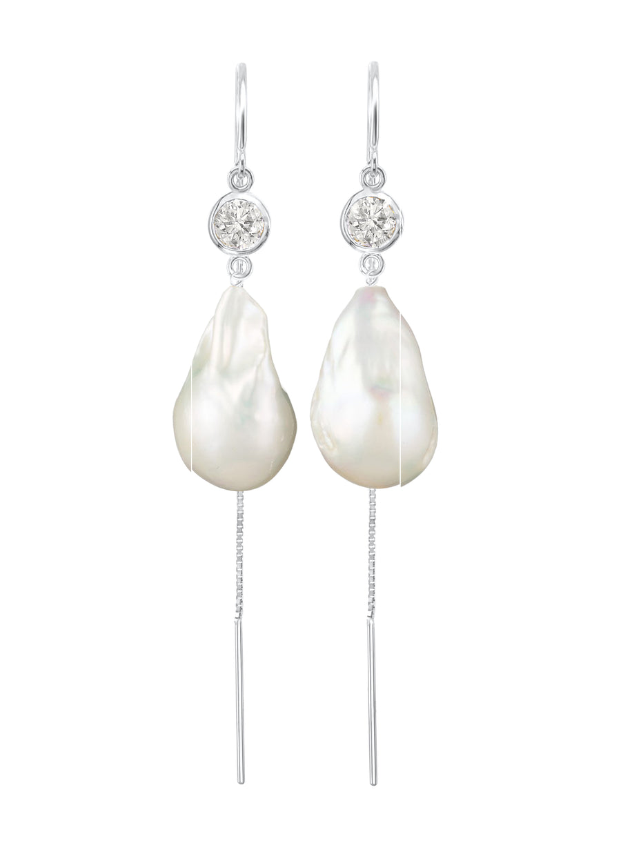 Jean Joaillerie Signature Diamond And Large Baroque Freshwater Pearl Drop Box Chain Bridal Earrings In 14K White Gold