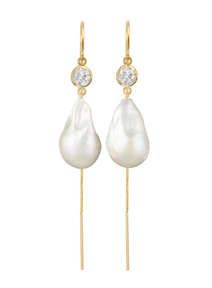 Jean Joaillerie Signature Diamond And Large Baroque Freshwater Pearl Drop Box Chain Bridal Earrings In 14K Yellow Gold