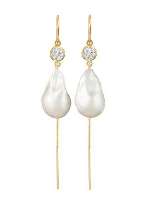 Jean Joaillerie Signature Diamond And Large Baroque Freshwater Pearl Drop Box Chain Bridal Earrings In 14K White Gold