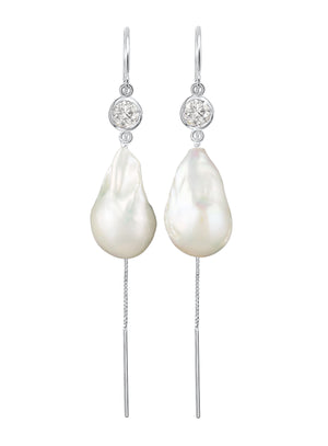 Jean Joaillerie Signature Diamond And Large Baroque Freshwater Pearl Drop Box Chain Bridal Earrings In 14K Yellow Gold