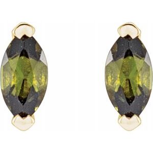 14K Gold Marquise Cut Green Tourmaline Solitaire Stud Earrings