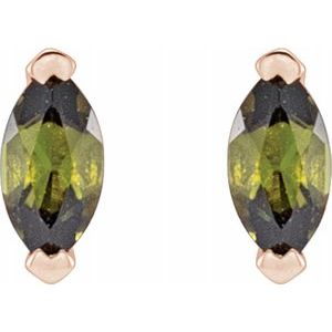 14K Gold Marquise Cut Green Tourmaline Solitaire Stud Earrings