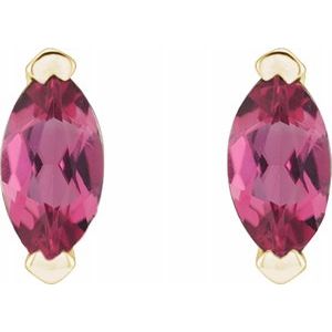 14K Gold Marquise Cut Pink Tourmaline Solitaire Stud Earrings