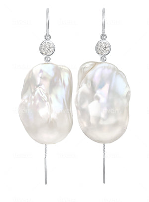 Jean Joaillerie Signature Diamond And XXL Large Baroque Freshwater Pearl Drop Bridal Earrings In 14K White Gold