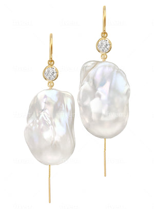 Jean Joaillerie Signature Diamond And XXL Large Baroque Freshwater Pearl Drop Bridal Earrings In 14K Yellow Gold