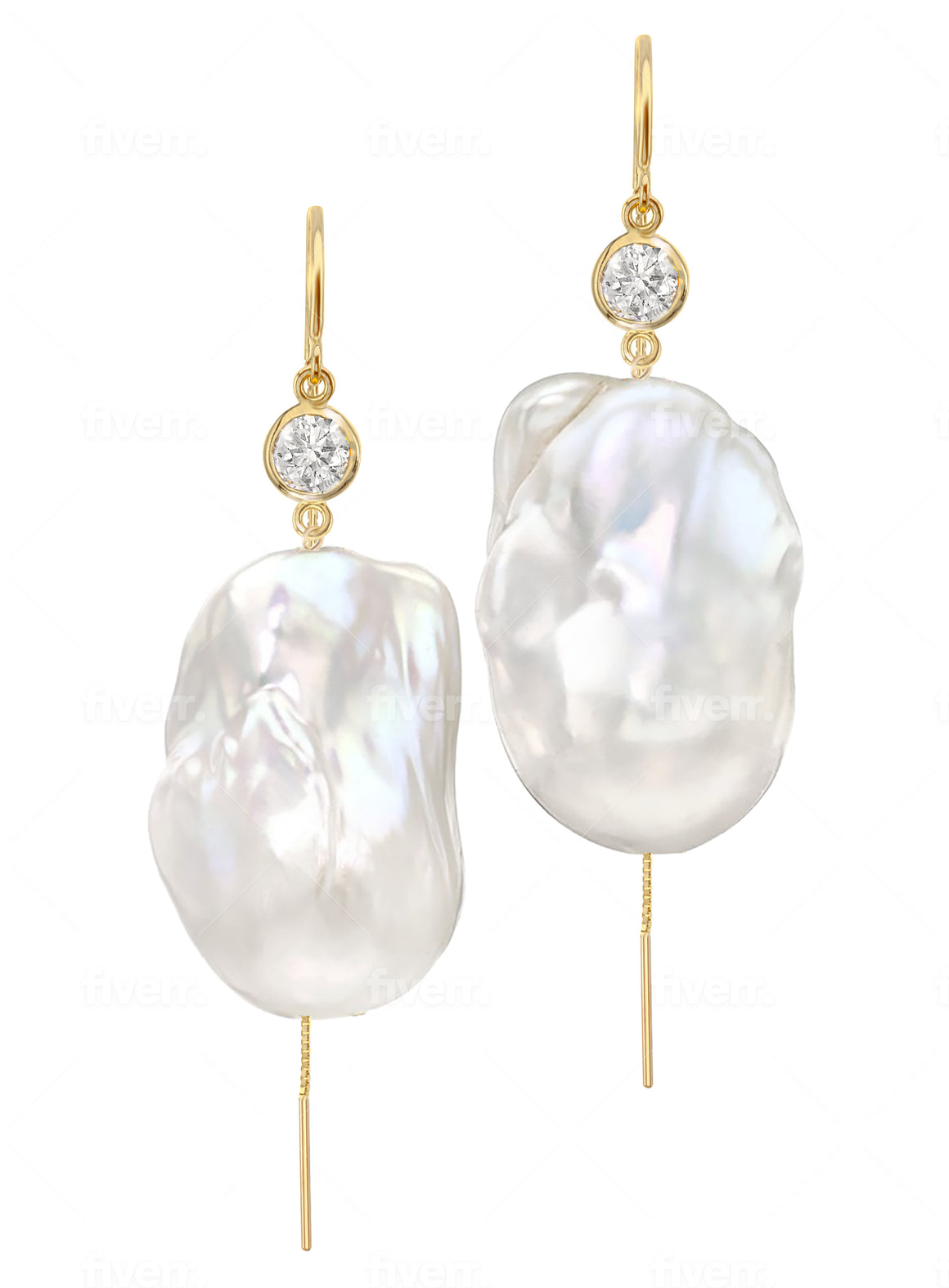 Jean Joaillerie Signature Diamond And XXL Large Baroque Freshwater Pearl Drop Bridal Earrings In 14K Yellow Gold