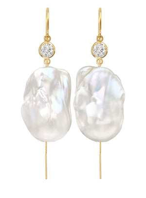 Jean Joaillerie Signature Diamond And XXL Large Baroque Freshwater Pearl Drop Bridal Earrings In 14K White Gold