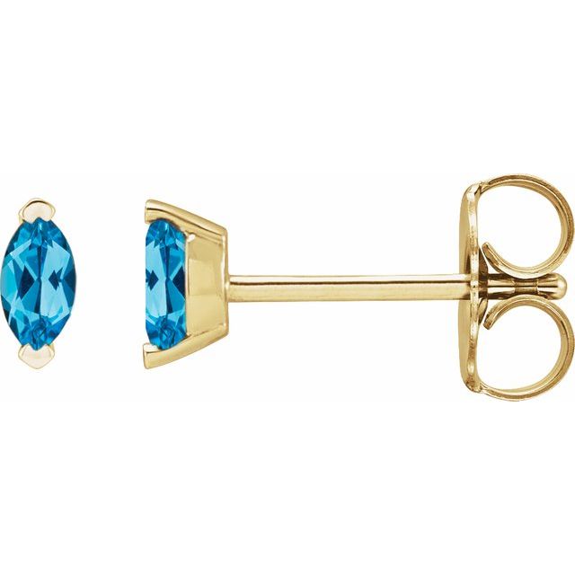 14K Gold Marquise Cut Swiss Blue Topaz Solitaire Stud Earrings