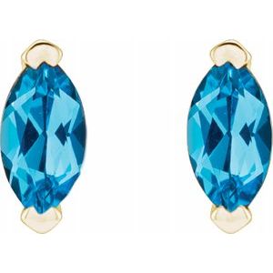 14K Gold Marquise Cut Swiss Blue Topaz Solitaire Stud Earrings