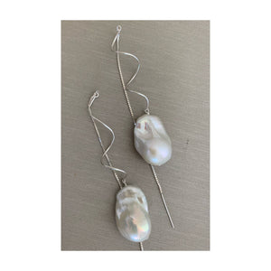 Cyclone Extra Long Sterling Silver Baroque Freshwater Pearl Threader Earrings