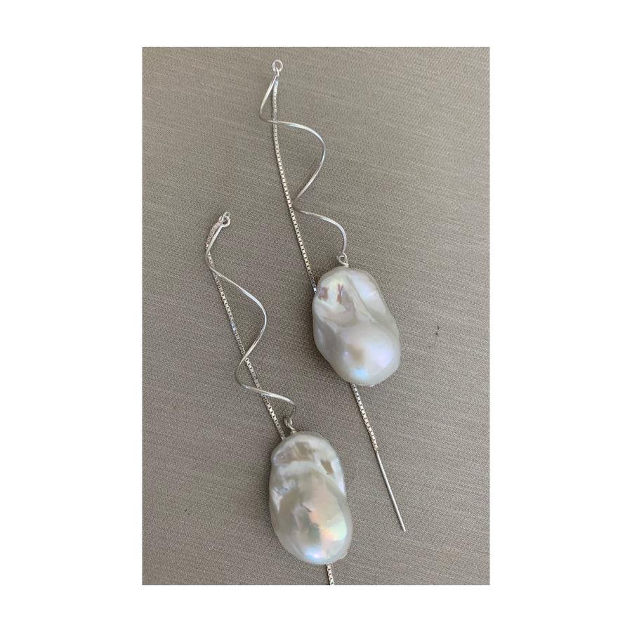 Cyclone Extra Long Sterling Silver Baroque Freshwater Pearl Threader Earrings