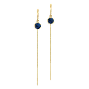 14K Yellow Gold Floating Blue Sapphire Box Chain Threader Earrings