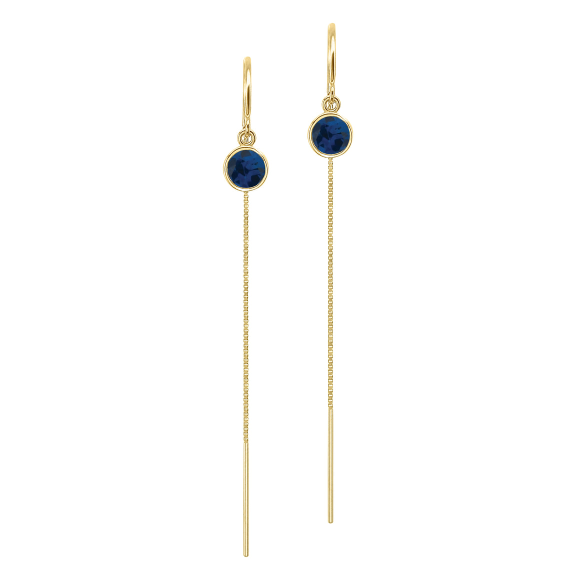 14K Yellow Gold Floating Blue Sapphire Box Chain Threader Earrings