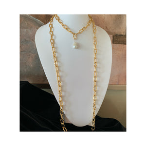 L'Heure D'or 60 Inch Gold Chain White Baroque Freshwater Pearl Lariat Necklace