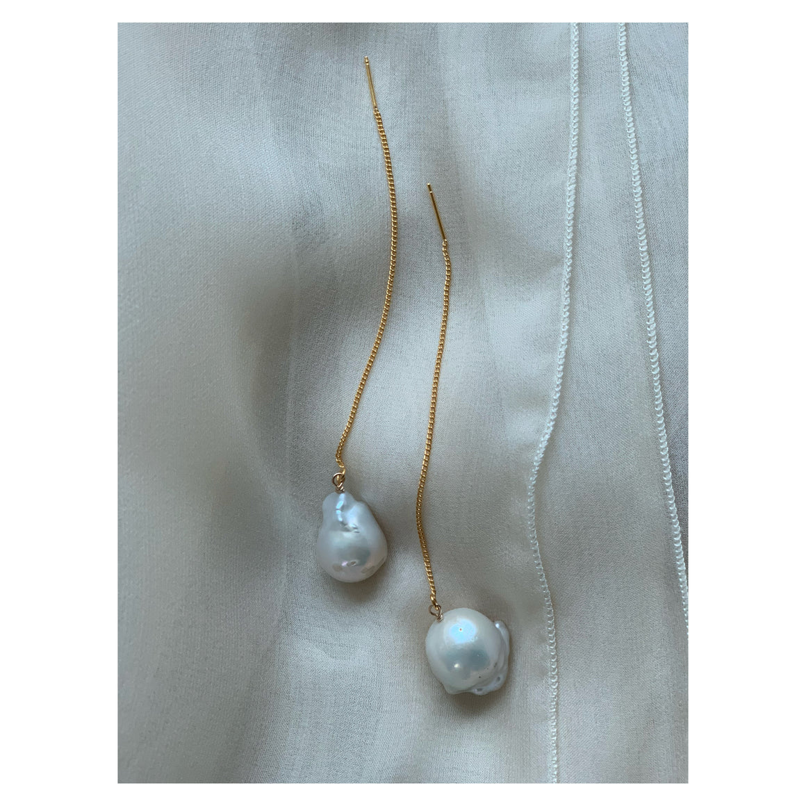 24K Gold Plated White Freshwater Baroque Pearl Threader Earrings