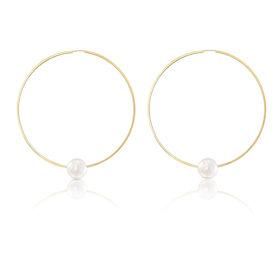 XXL 14K Yellow Gold Floating Pearl Geometric Hoop Earrings