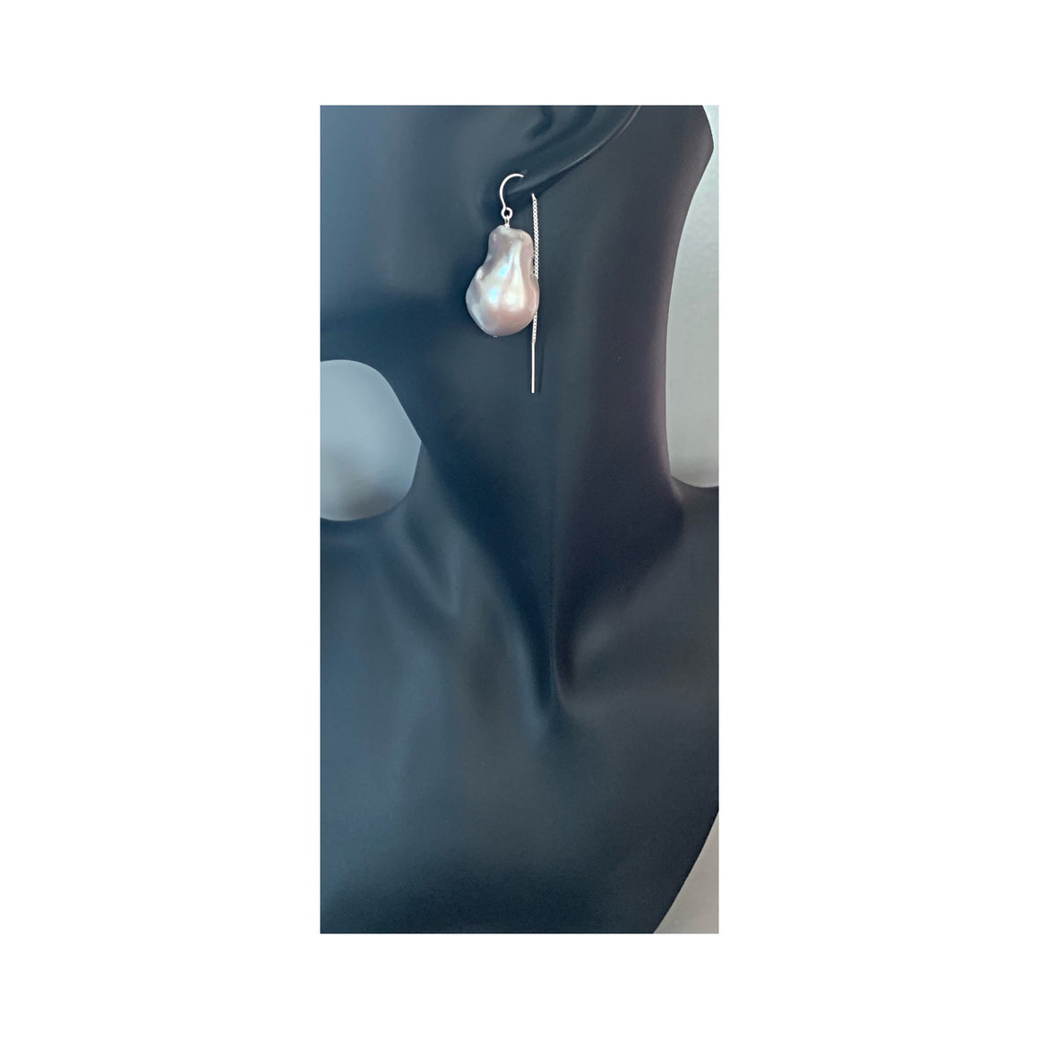 XXL RUNWAY SIZE SILVER BAROQUE FRESHWATER PEARL DROP THREADER EARRINGS