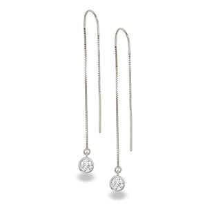 14K White Gold Diamond Bezel Threader Box Chain Earrings